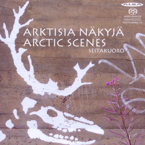 CD cover with white antlers and purple flowers on a wooden background.