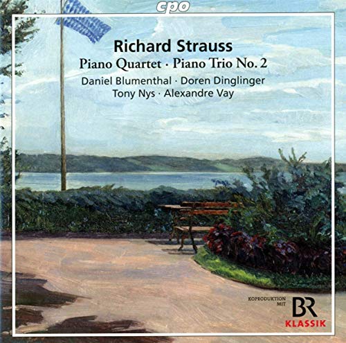 "CD cover featuring a serene lakeside painting with text overlay and logos."