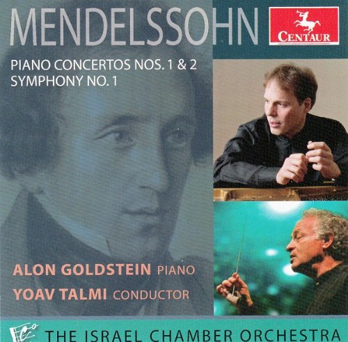 "CD cover featuring a portrait of Mendelssohn and photos of two musicians."