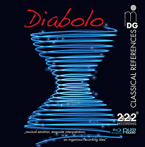 The image is a DVD cover for "Diabolo - 28 Classical Audiophile Examples + Test Signals". The alt text is: "DVD cover with 'Diabolo' in red, blue spiral design, and logos on black background."