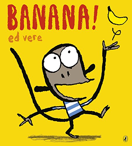The image is a children's book cover featuring a cartoon character. The alt text for this image could be: "A cartoon character dancing, holding a banana, on a yellow background."