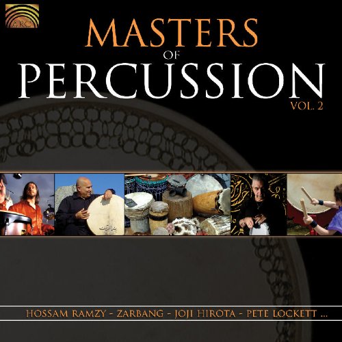 "CD cover with 'Masters of Percussion Vol. 2' title and images of drummers."