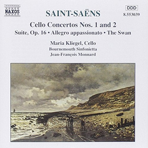Saint-Saëns cello concertos CD cover featuring a landscape painting of a rocky coastline.
