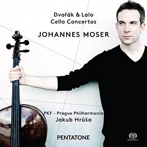 Man in black shirt holding cello, white background, text listing artists and album details.