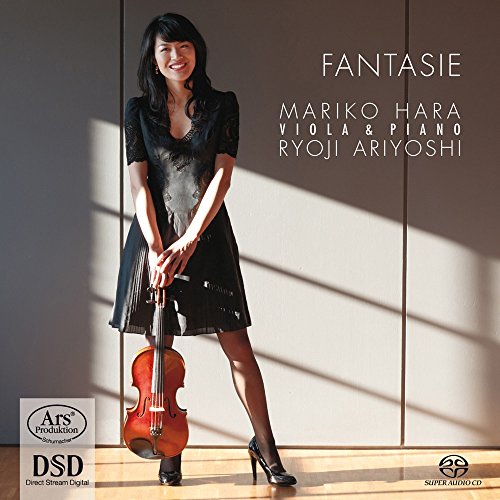 CD cover featuring a woman in black dress holding a viola, with text "Fantasie".