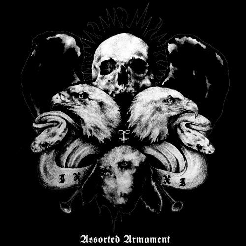 "Album cover art featuring a skull with two eagles and occult symbols on a black background."