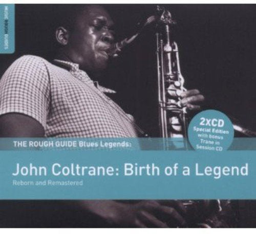 CD cover featuring black-and-white photo of John Coltrane playing saxophone, with blue text overlay.