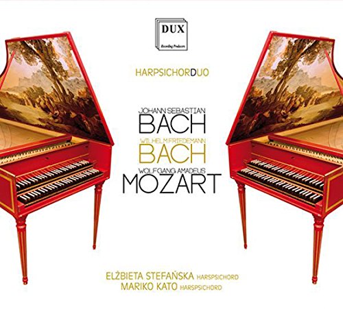 "Album cover featuring two red harpsichords with painted lids on a white background."