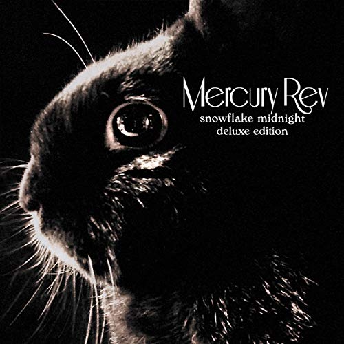 "Black and white rabbit's face with white text 'Mercury Rev' on a black background."