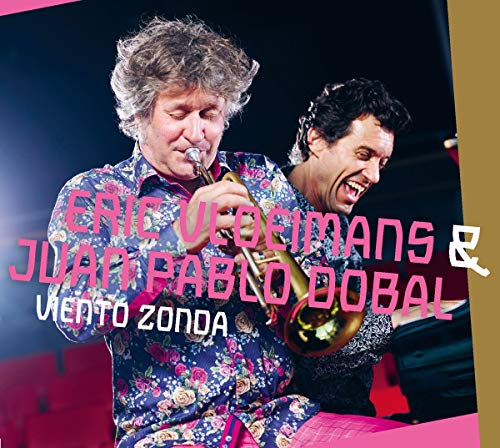 "Album cover with two musicians, one playing trumpet, against a dark background."