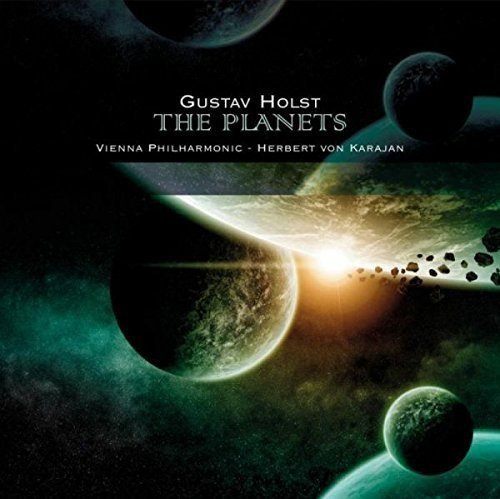 "Vinyl album cover featuring planets and a star, with 'Gustav Holst - The Planets' text."