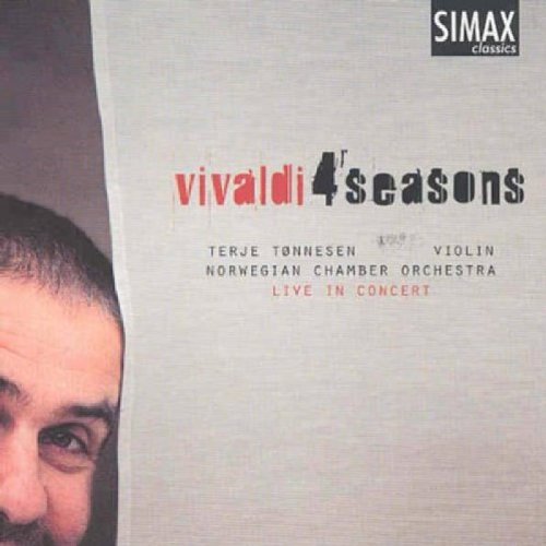 CD cover with a man peeking from behind a curtain, featuring "Vivaldi 4 Seasons" text.