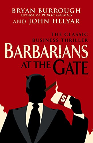 "Book cover of 'Barbarians At The Gate' with a man in a suit and devil horns."