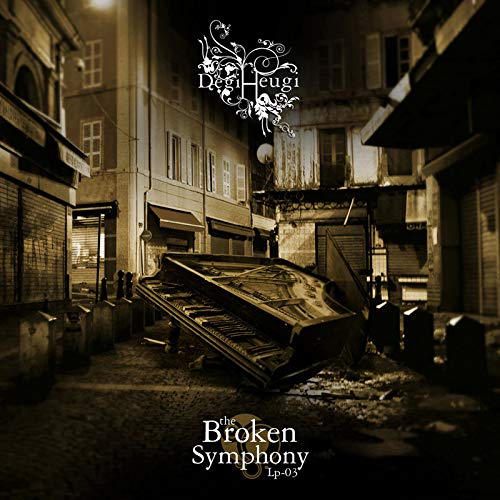 A sepia-toned image of a broken piano on a dark, narrow street at night.