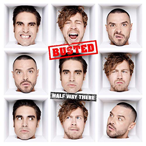 "Busted album cover with three band members' faces in nine white boxes, varied expressions."