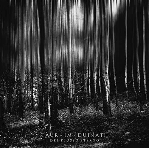 Black and white forest image with tall trees and white text at the bottom.
