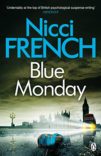 The image depicts the cover of "Blue Monday" by Nicci French. Alt text: Book cover with London scene, flooded street, and title in blue and white text.
