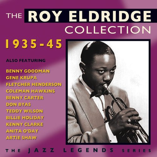 "Album cover with a black-and-white photo of a man playing trumpet, purple background."