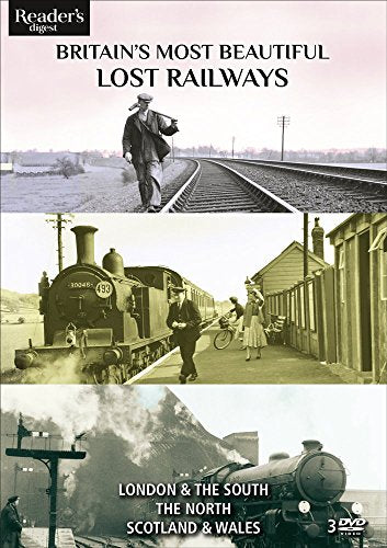 DVD cover with three black and white railway images and title "Britain's Most Beautiful Lost Railways".