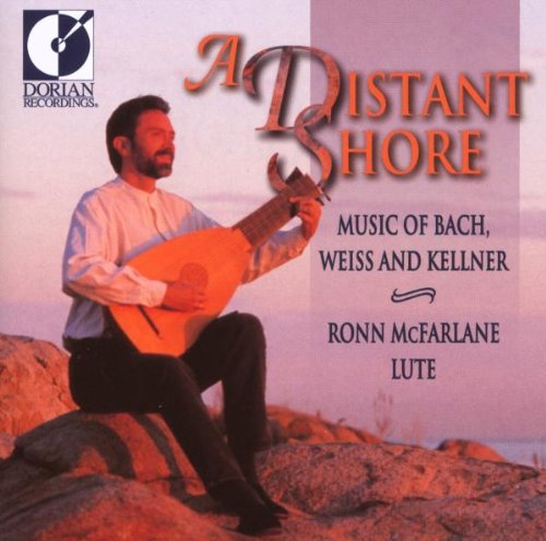 Man sitting on rocks playing lute, with title "A Distant Shore" on album cover.