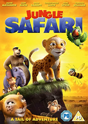 "Jungle Safari DVD cover featuring animated animals on a grassy hill against a yellow background."