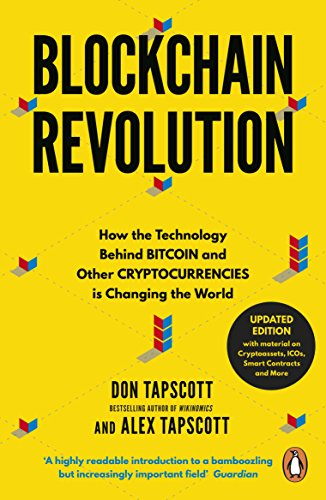 The image depicts the cover of the book "Blockchain Revolution". The alt text is: "Yellow book cover with 'Blockchain Revolution' title and authors' names."