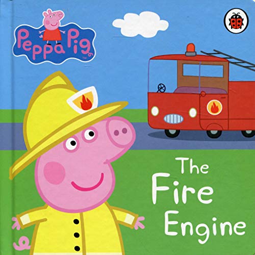 "Peppa Pig in a firefighter's uniform standing beside a red fire engine."