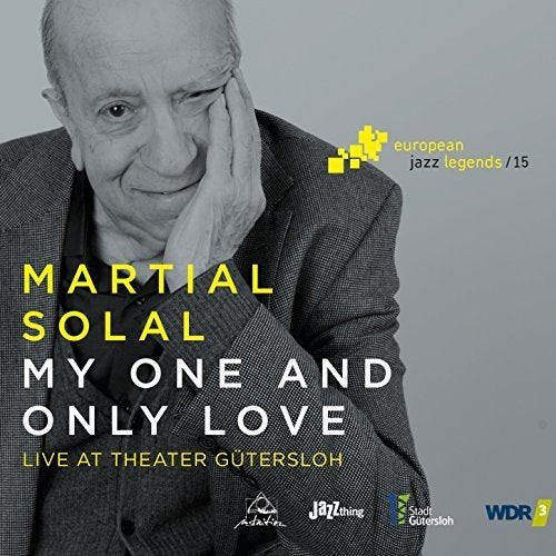 "CD cover featuring a black-and-white photo of Martial Solal with text overlay."