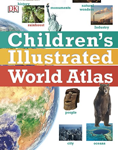 "Children's Illustrated World Atlas cover featuring a globe and various cultural images."