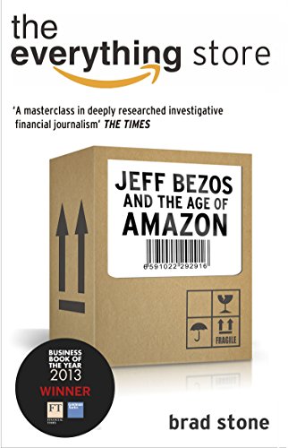 "Book cover of 'The Everything Store' featuring a brown Amazon box with barcode label."