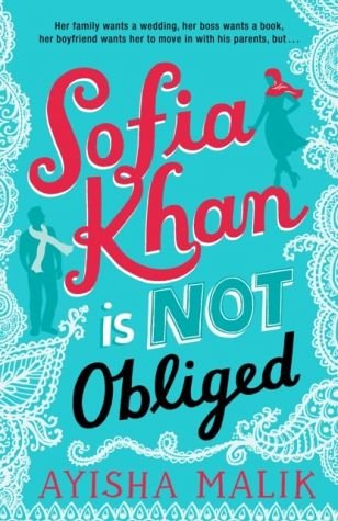 "Book cover with turquoise background, white floral designs, and title in red and black text."