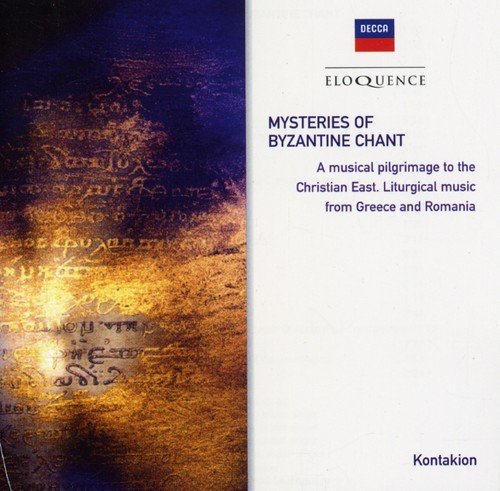"CD cover with 'Mysteries of Byzantine Chant' title, Decca logo, and illuminated manuscript design."