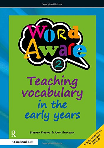 "Book cover with green background, 'Word Aware 2' in colorful text, and 'Teaching vocabulary' subtitle."