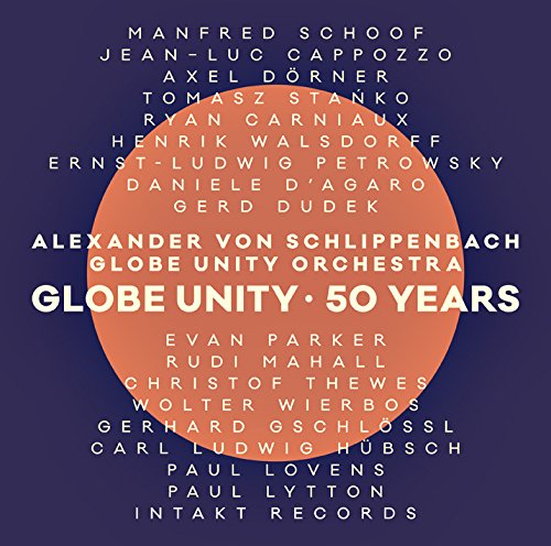 "CD cover with orange circle and white text on purple background, listing names and 'Globe Unity 50 Years'."