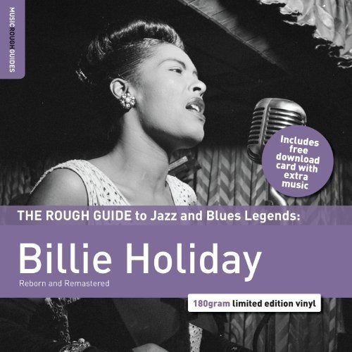 Black and white image of Billie Holiday singing into a microphone, with purple text overlay.
