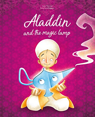 "Children's book cover featuring Aladdin and a genie on a pink background."