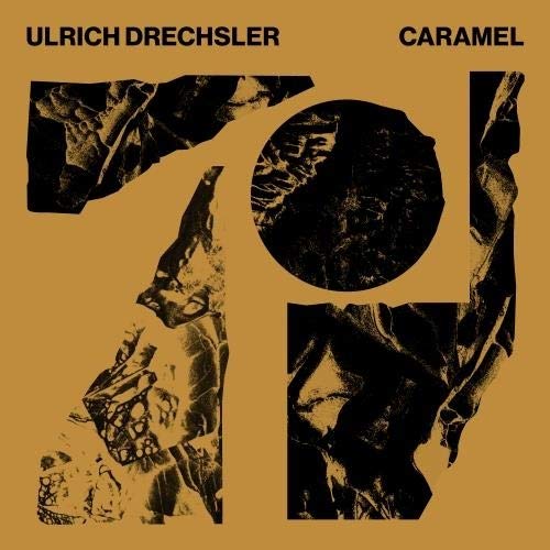 "Album cover with caramel-colored background, black text, and abstract black design elements."