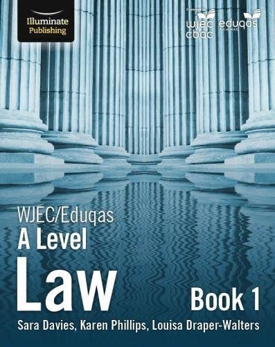 "WJEC/Eduqas A Level Law Book 1" textbook cover with classical columns and water reflection.