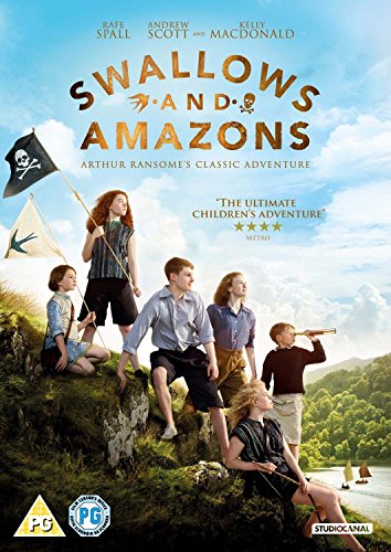 "Swallows and Amazons DVD cover featuring children on a cliff with a pirate flag."