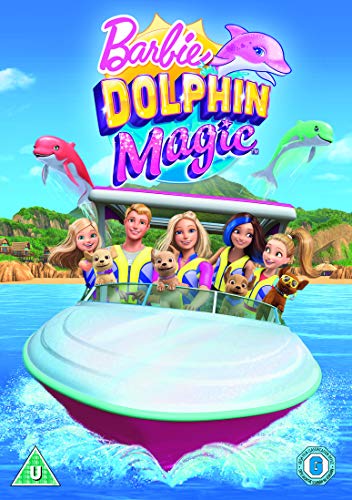 DVD case cover for "Barbie: Dolphin Magic" featuring cartoon characters on a boat.