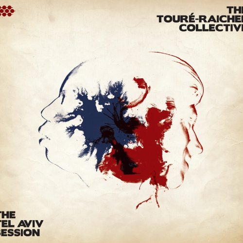 Album cover with two abstract faces in red and blue on beige background.