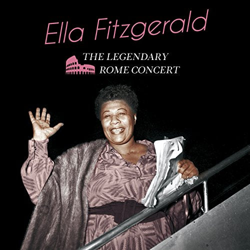 "Ella Fitzgerald on a staircase, waving, with text and Colosseum graphic above."
