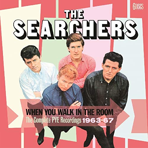 "CD cover featuring The Searchers band members against a red and white geometric background."