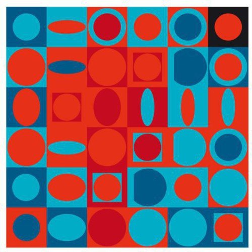 A vinyl record cover with a geometric pattern of red, blue, and teal shapes.