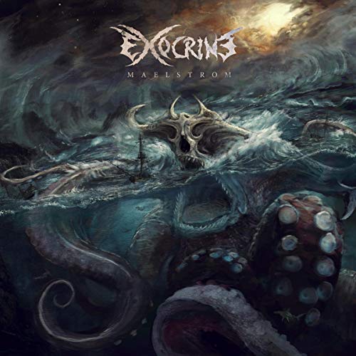 Album cover art: sea monster attacking a ship in a stormy sea.