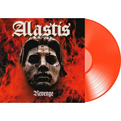 Red vinyl record with cover art featuring a stone head surrounded by flames.