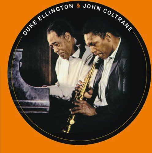"Orange album cover featuring Duke Ellington and John Coltrane playing piano and saxophone."