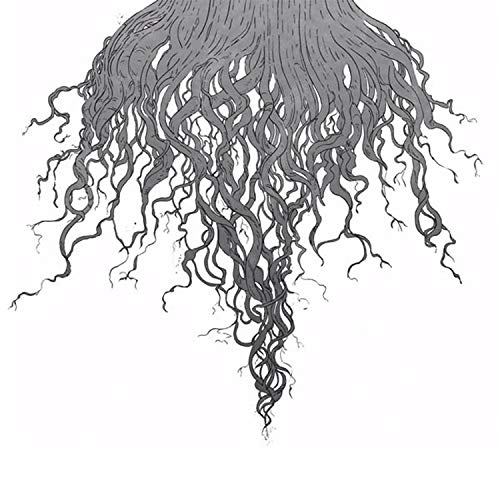 The alt text for the image is: "Black and grey illustration of tree roots on white background."