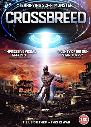 DVD cover for "Crossbreed" featuring a muscular alien standing amidst a burning cityscape.