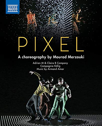 "Bluray cover with dancers in motion against a black background, pixelated effects."